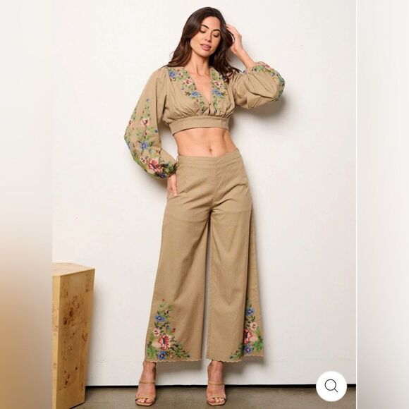 WOMEN'S LONG SLEEVE CROP TOP & PALAZZO PANTS EMBROIDERY DETAILED 2PC.SET - Picture 1 of 3